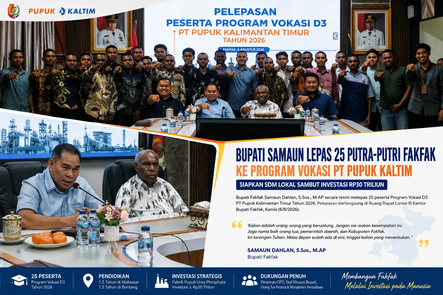 24 Putra Fakfak Dilepas ke Pupuk Kaltim, Bupati Samaun: Buktikan Kalian yang Terbaik